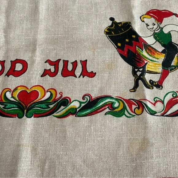 Vintage Norwegian Merry Christmas God Jul Linen Square Table Cloth - Picture 7 of 7